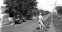 This pic shows a man walking along the Locust Street streetcar tracks near North 5th Street in 1924.