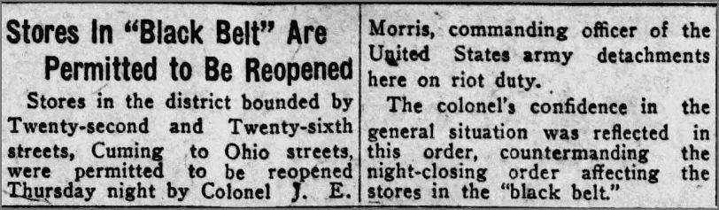 The lynching of Will Brown led to the first written definition of racially segregated housing in Omaha in this Omaha Bee article. On October 4, 1919 the US Army defined the “Black Belt” as being from North 22nd to North 26th, from Cuming to Ohio Streets.