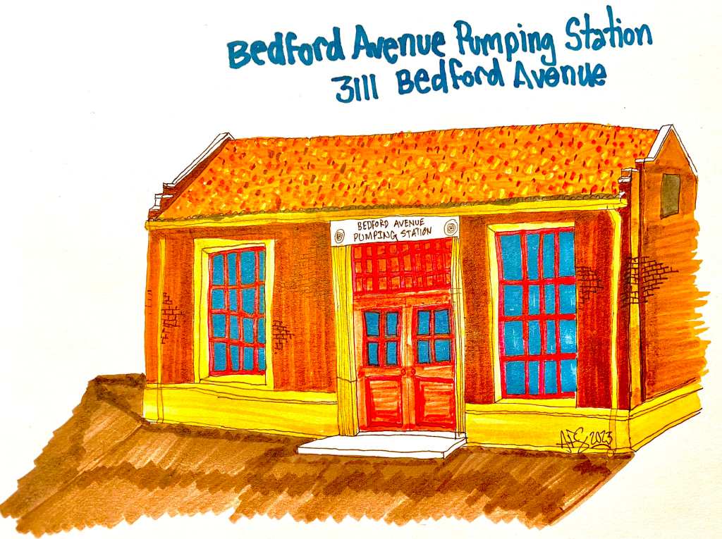 This is a 2023 drawing of the historic Bedford Avenue Pumping Station at 3111 Bedford Avenue in Adams Park. Drawing by Adam Fletcher Sasse.