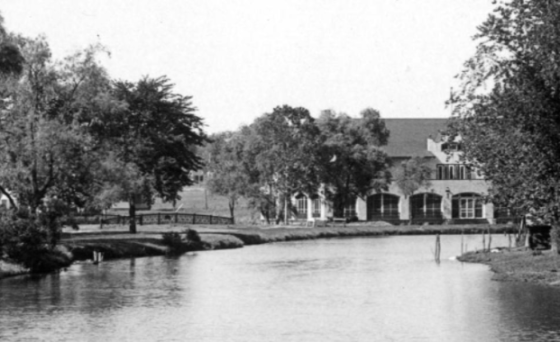 Enlargement of Miller Park pond photograph shows bridge near Prettiest Mile Clubhouse by Bostwick and Frohardt in 1917 at North Omaha, Nebraska