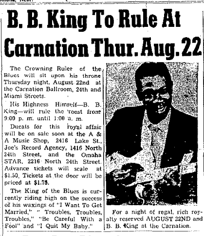 BB King at North Omaha's Carnation Ballroom in August 1957.