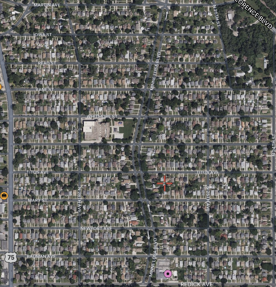 This is a 2023 satellite image of the Minne Lusa Historic District in North Omaha.
