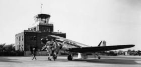 A United Air Lines plane at the American Legion Municipal Airport in October 1941.