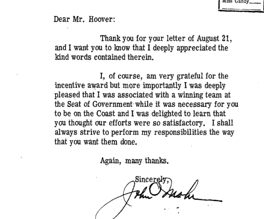 A letter from John Mohr to J. Edgar Hoover thanks him for an August 21, 1970 letter (which included a $250 bonus). He included the sentence, "I shall always strive to perform my responsibilities the way that you want them done."