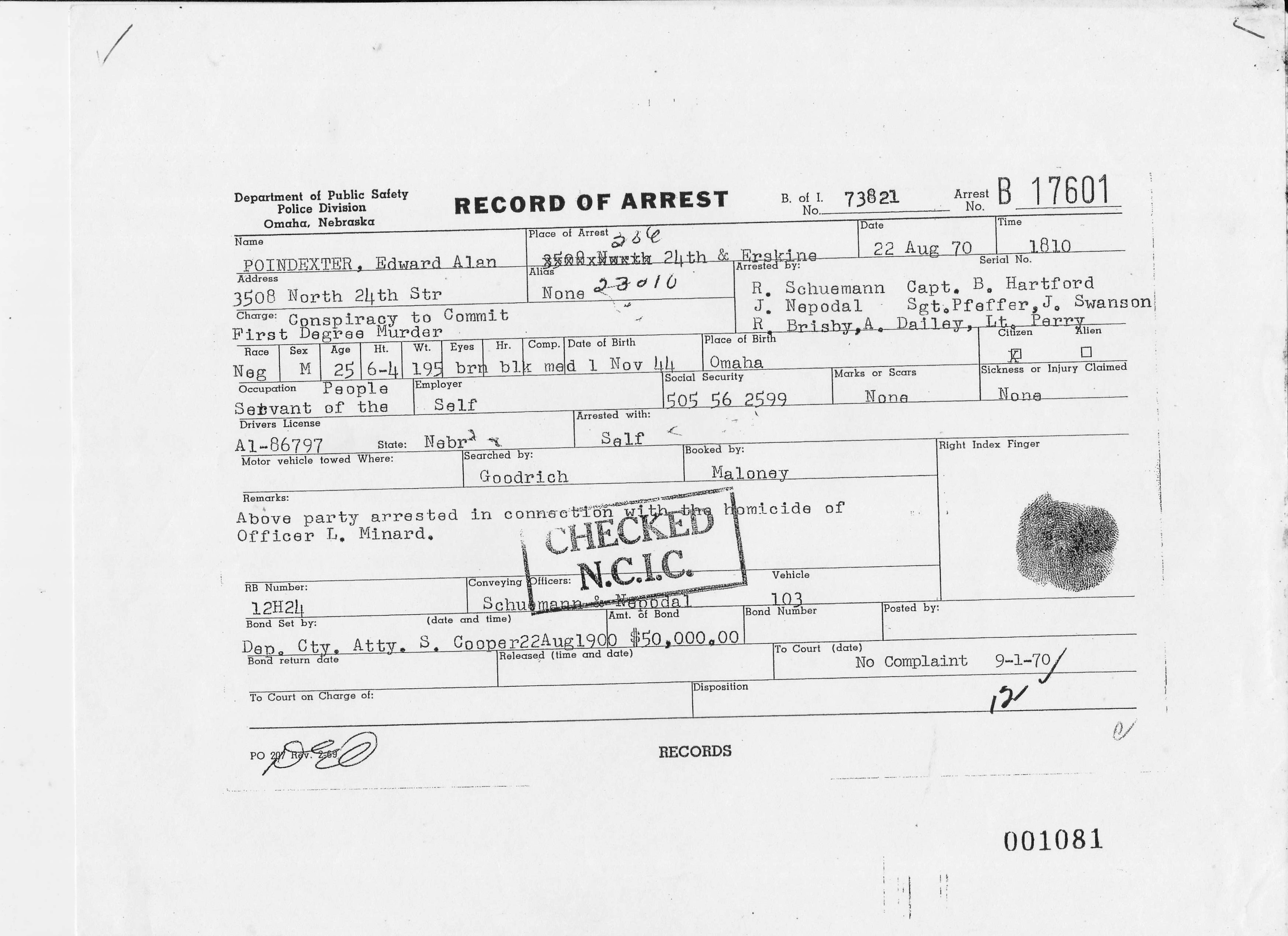 This Record of Arrest from August 22, 1970, shows Ed Poindexter was arrested for conspiracy to commit murder and then released for lack of evidence before being arrested a second time in the Minard murder case. (credit: Omaha Police Department)