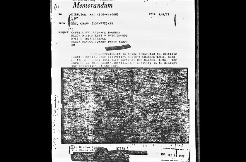 The Omaha FBI office kept up its campaign against “militants” and requested permission to conduct a clandestine action against Charles Knox ten months after COINTELPRO was terminated. FBI censors refuse to release details of the proposed misdeed. It is not known if J. Edgar Hoover approved the counterintelligence request. (credit: Federal Bureau of Investigation]