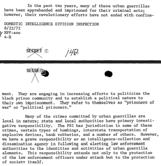 A FBI inspection report on the Domestic Intelligence Division complained that imprisoned “urban guerrillas” were calling themselves political prisoners. The irony is that the Bureau failed to see that COINTELPRO victims were jailed for their political beliefs. (credit: Federal Bureau of Investigation)