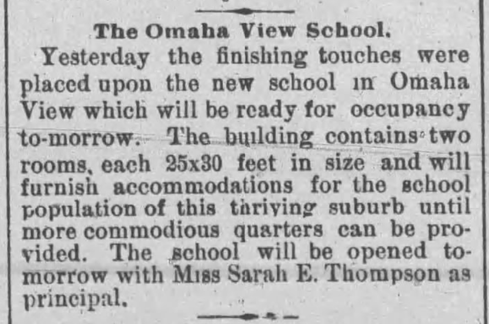 This is a November 1886 article highlighting the opening of the Omaha View School.