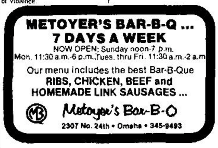 Metoyer's Bar-B-Q, 2307 N. 24th St.,. North Omaha, Nebraska