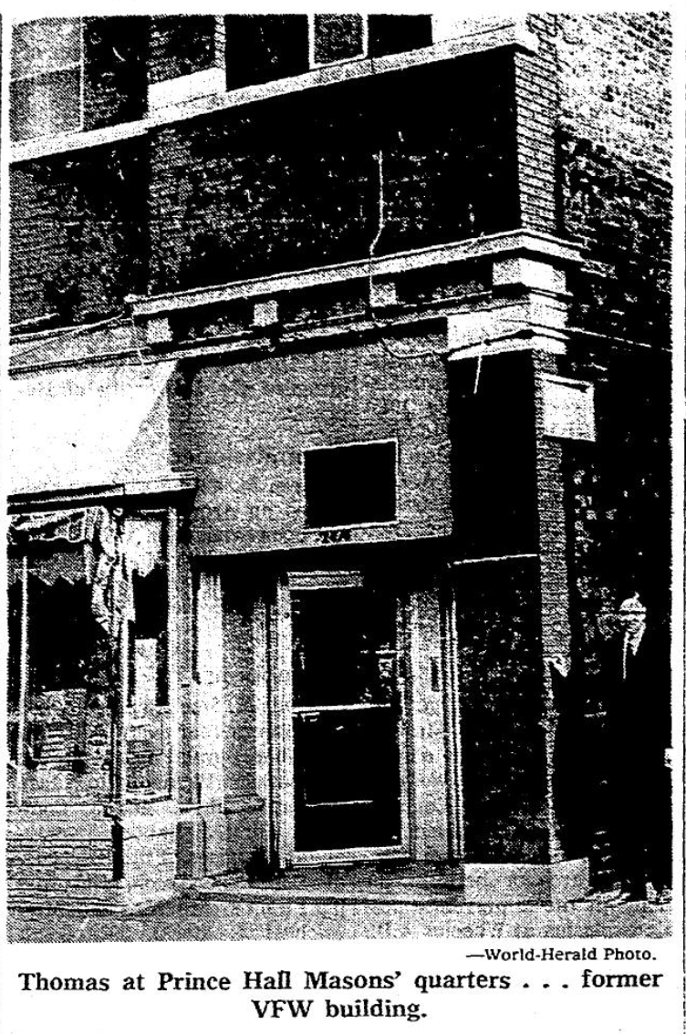 The caption says "Thomas at Prince Hall Masons' quarters... former VFW building. This pic is from the June 9, 1968 Omaha World-Herald.