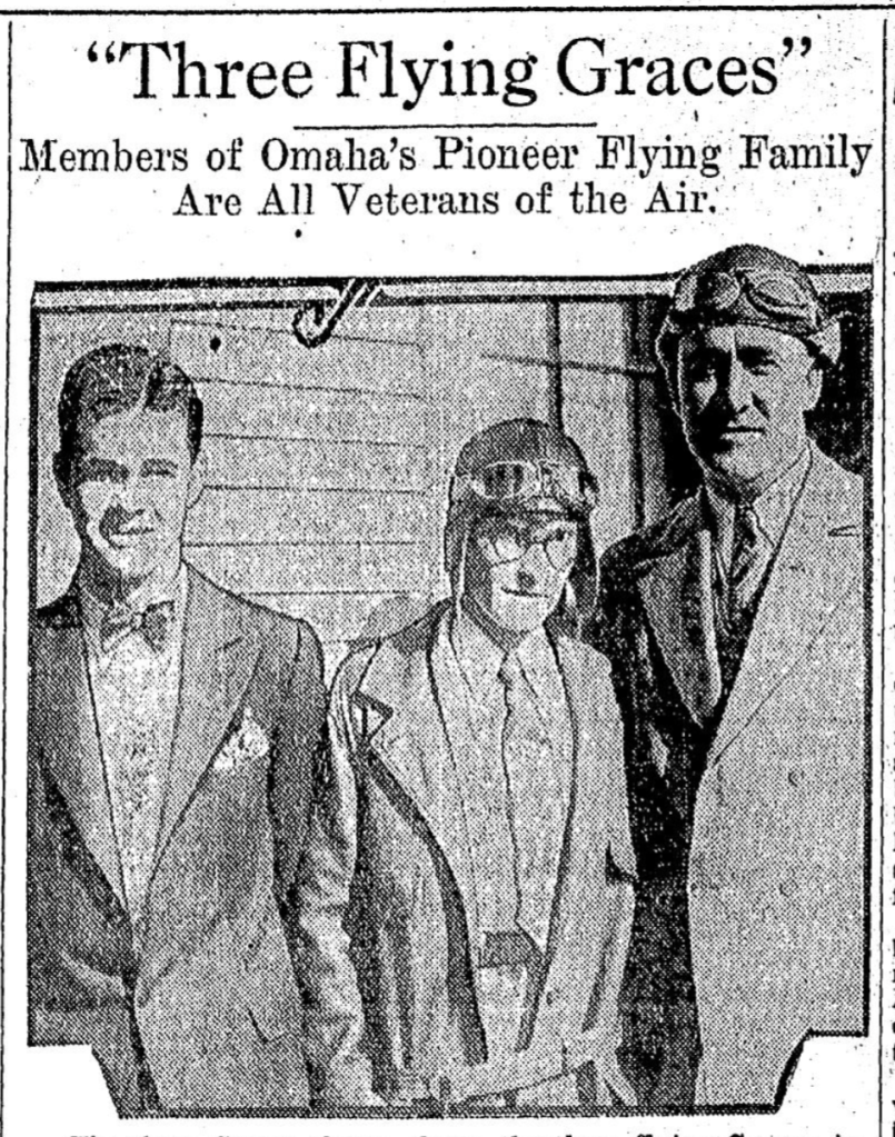 This 1929 Omaha World-Herald pic shows "three flying Graces," including Frank Grace (right), "Mrs. Grace," and their son Tommy.