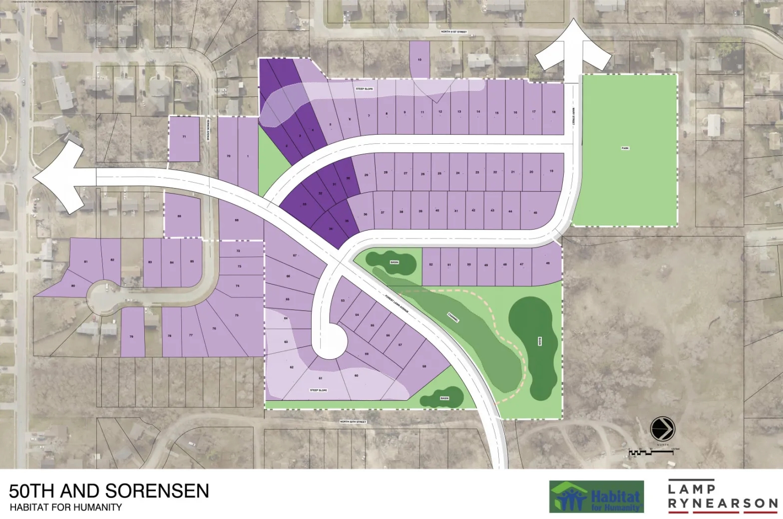 A map of the Bluestem Prairie development by Habitat for Humanity at North 50th and Sorensen Pkwy in North Omaha, Nebraska