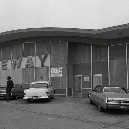 This is the Safeway at North 24th and Lake Streets in North Omaha, Nebraska, in 1968 after its windows were smashed out during rioting. The store never reopened.