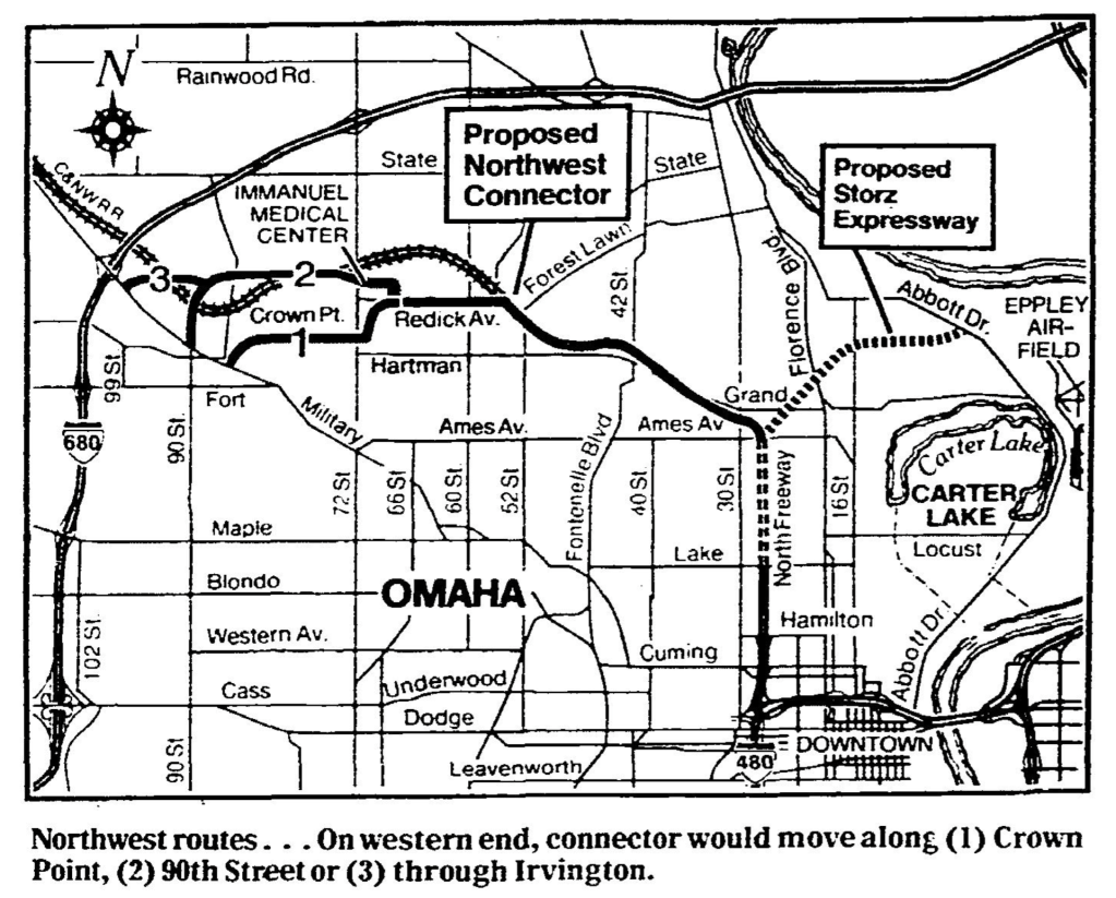 This September 11, 1981 map shows the "Proposed Northwest Connector" and the "Proposed Storz Expressway," both in North Omaha and both connecting to the then-unbuilt end of the North Freeway in North Omaha, Nebraska. Image from the Omaha World-Herald.