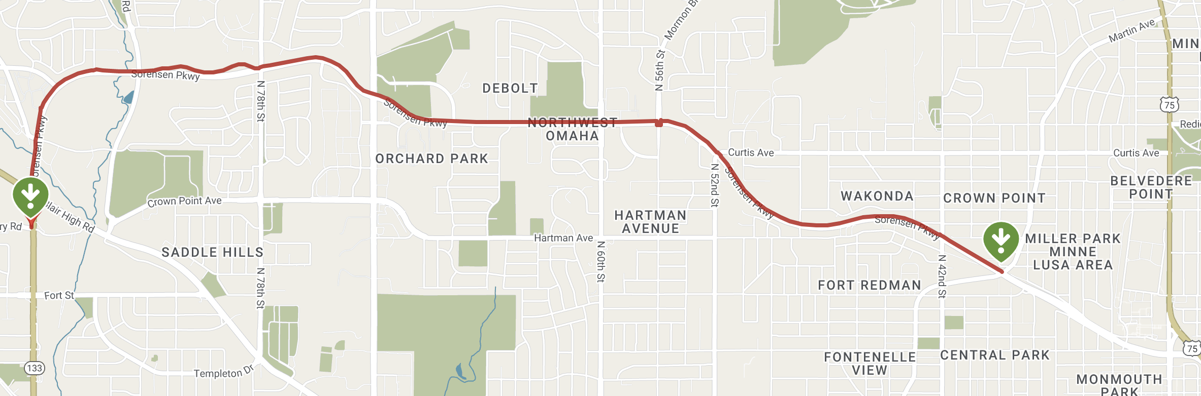 This is a 2022 map of the Sorensen Parkway Trail, which extends from Fontenelle Boulevard to the Blair High Road in North Omaha, Nebraska.