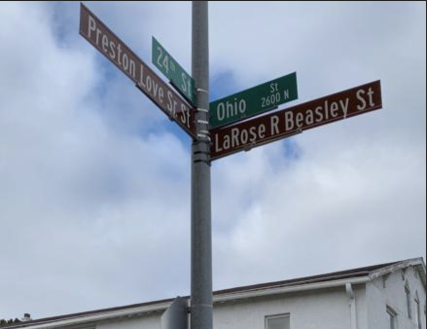 This is the northwest corner of North 24th and Ohio Streets in North Omaha, Nebraska, renamed after Preston Love, Sr. and LaRose R. Beasley.