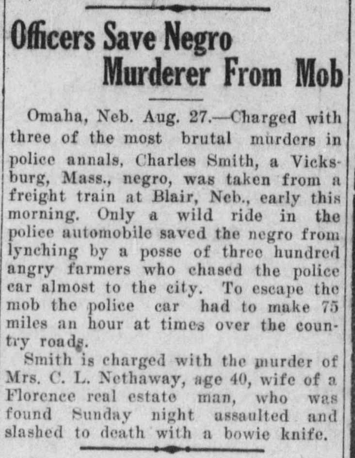 This article entitled "Officers save n---- murderer from mob," is from a Salem, Oregon newspaper called The Daily Capital Journal on August 27, 1917. Its about the Omaha case of Larkin McCloud.