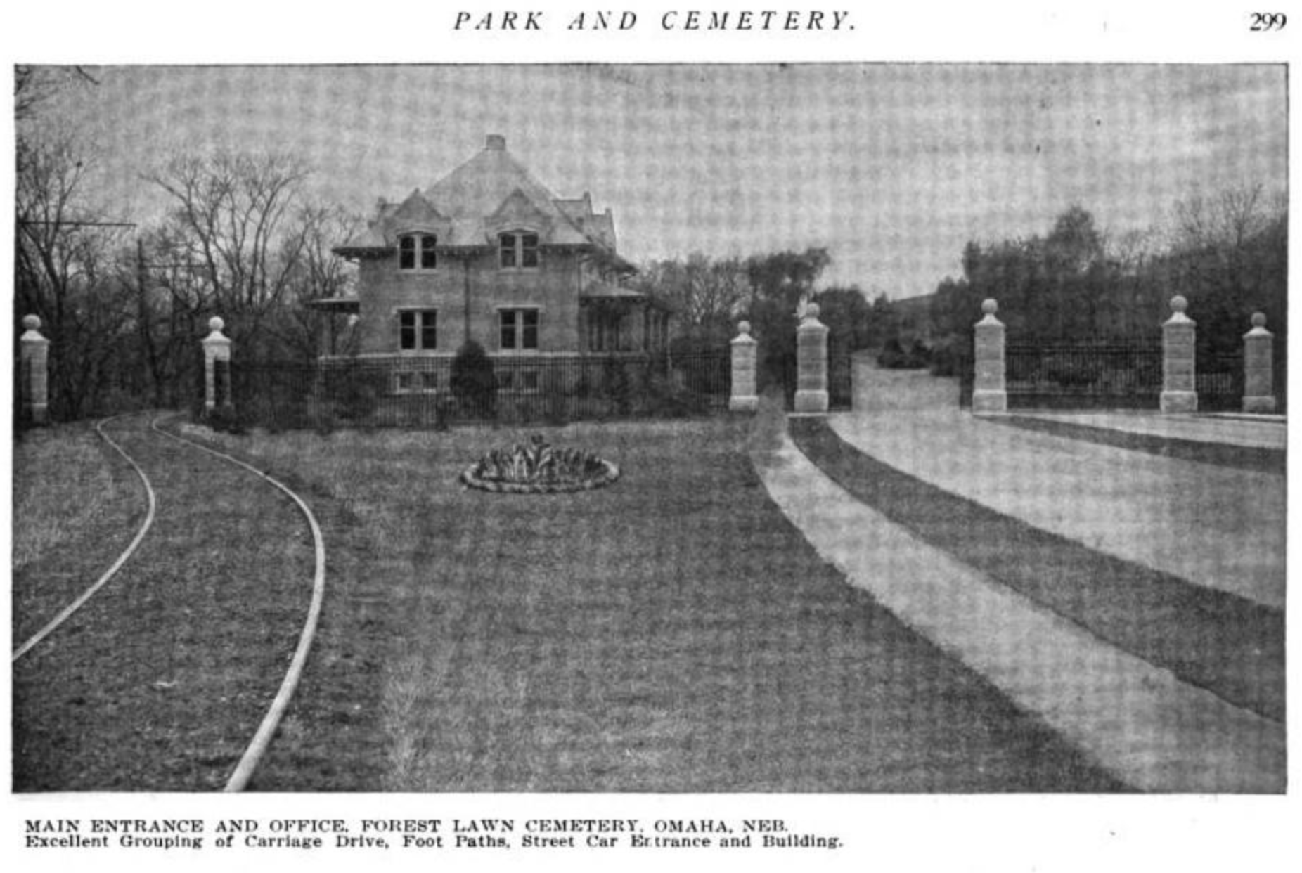 This 1914 promo picture of the Forest Lawn Cemetery gates shows the walking path, driving path, and streetcar entrances into the cemetery, all located on Forest Lawn Avenue.