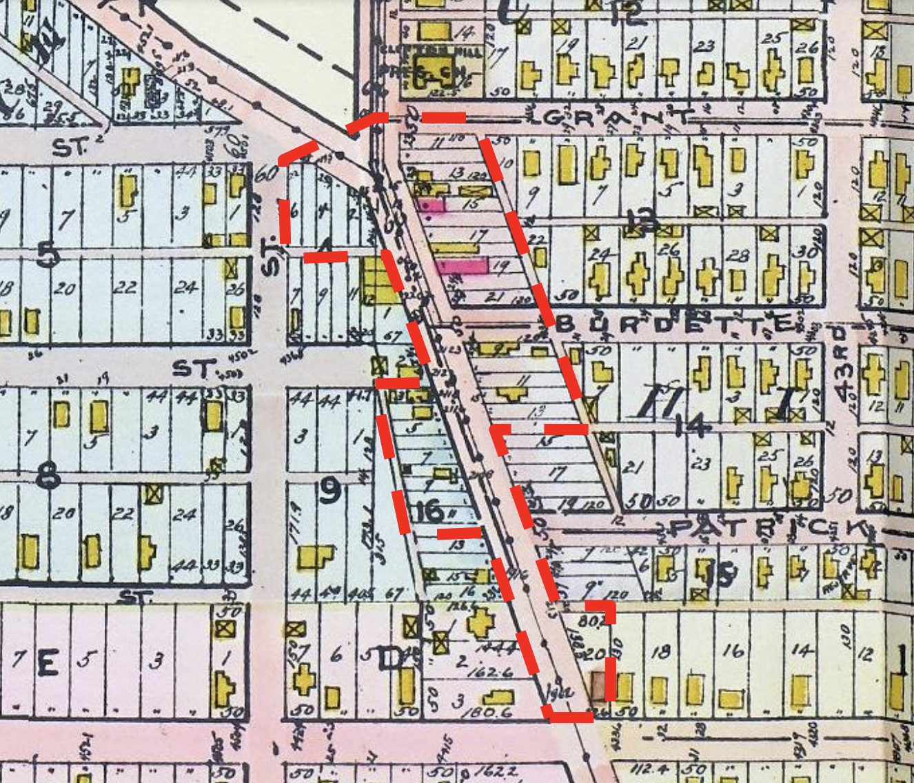 This 1918 fire insurance map has the Clifton Hill Commercial Historic District outlined on it. Courtesy of the Nebraska State Historical Society.