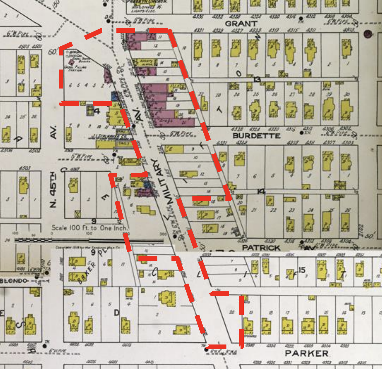 This 1910 fire insurance map has the Clifton Hill Commercial Historic District outlined on it. Courtesy of the Nebraska State Historical Society.
