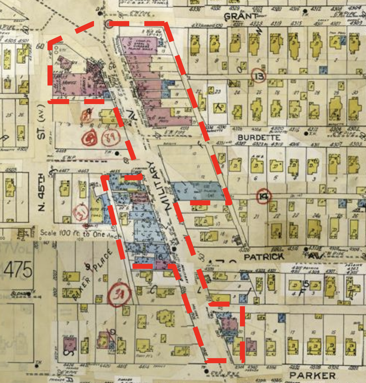 This 1966 fire insurance map has the Clifton Hill Commercial Historic District outlined on it. Courtesy of the Nebraska State Historical Society.