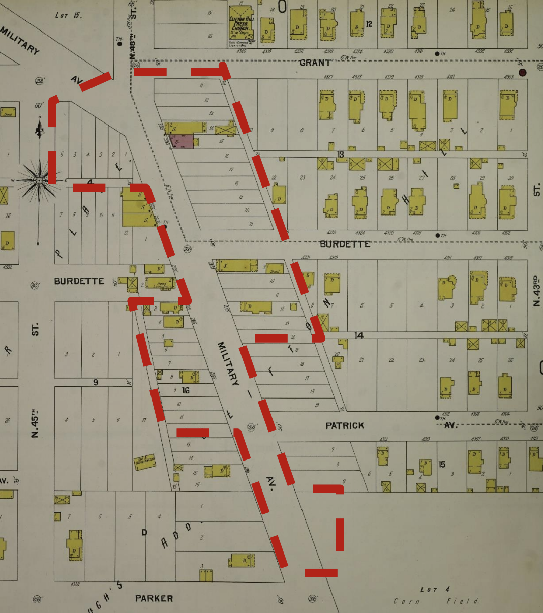 This 1901 fire insurance map has the Clifton Hill Commercial Historic District outlined on it. Courtesy of the Nebraska State Historical Society.