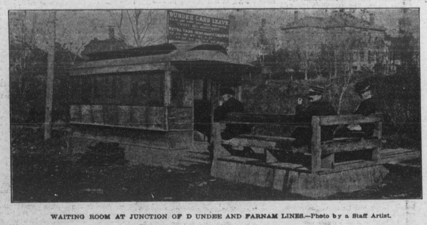 This is one of the original 1868 Omaha Horse Railway cars, repurposed as a waiting room for streetcars in Dundee and shown in 1909.
