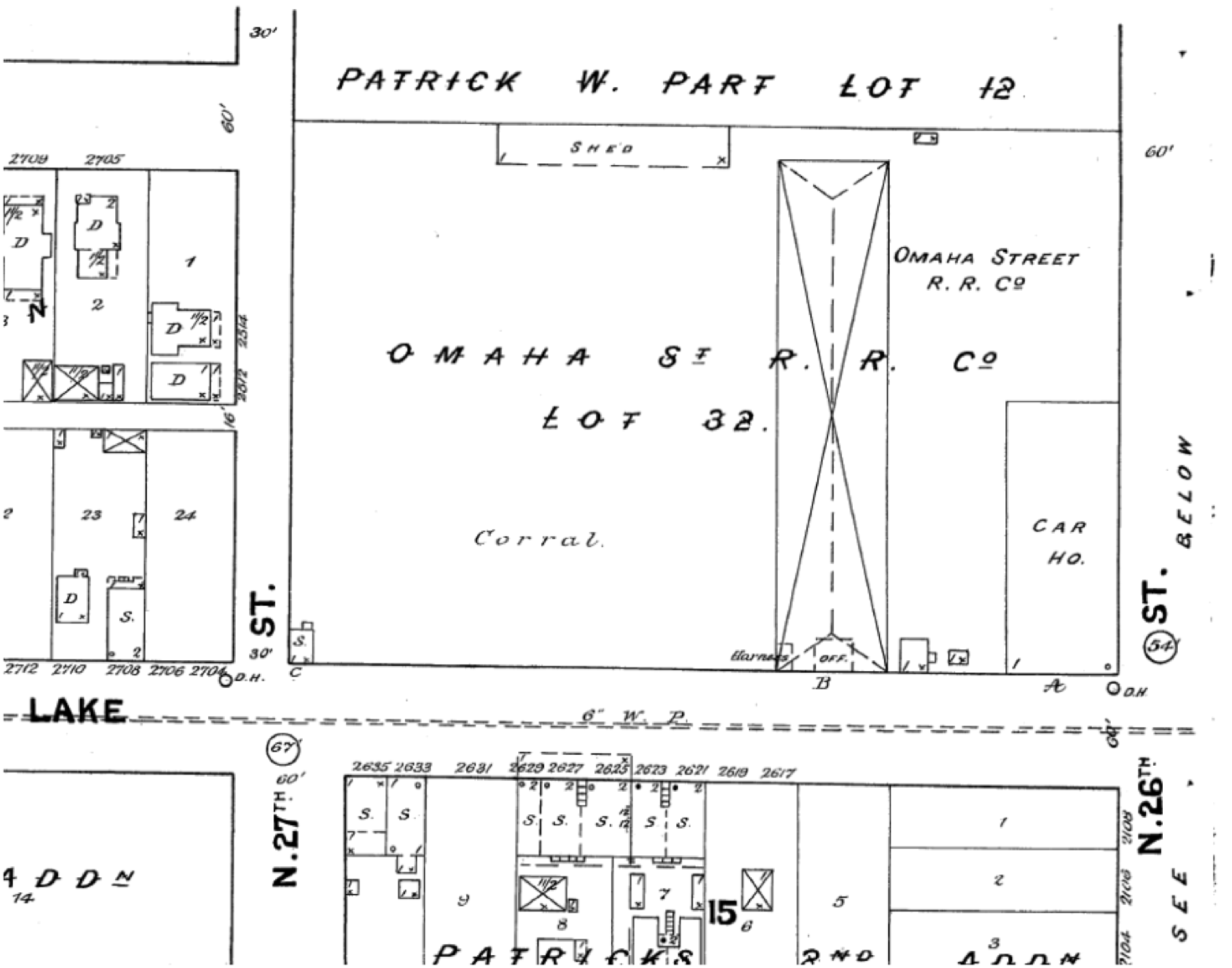 This is a c 1885 map of the Omaha Street Railway Company barn and corral at North 26th and Lake Streets.
