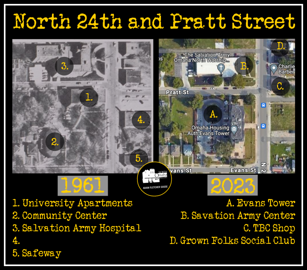 This is a then-and-now comparison of North 24th and Pratt Streets from 1961 and 2023. During the sixty years between, the university apartments, community center, hospital, and a grocery store were all demolished. In their places came a worship center, senior housing and Terrence "Bud" Crawford's facility.