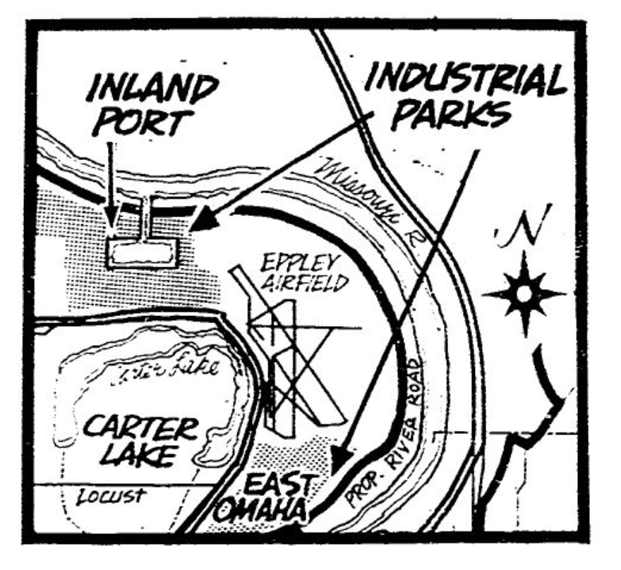This 1971 map from the Omaha World-Herald shows a proposed inland port and an industrial park near Lakewood Gardens neighborhood in East Omaha.