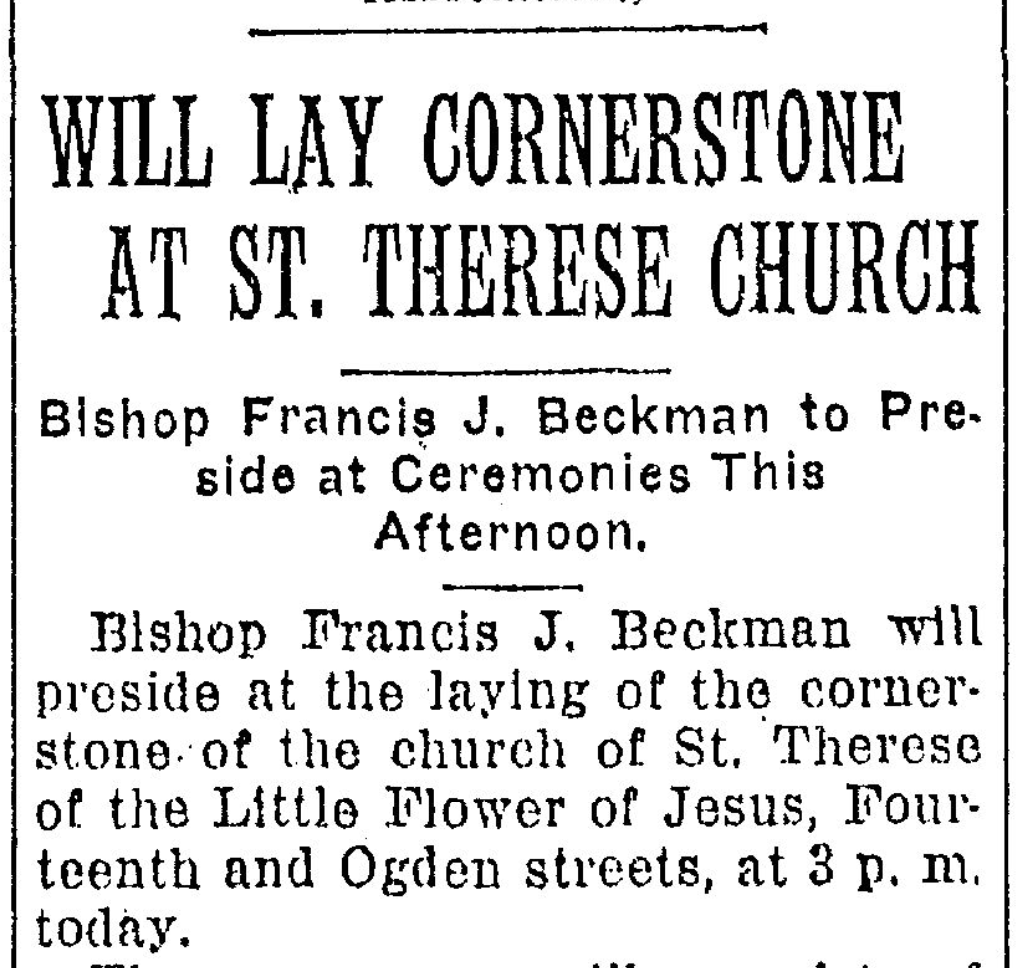 This is a 1927 announcement for the cornerstone laying at St Therese of the Little Flower Jesus Catholic Church at 1423 Ogden Avenue from 1927 to 2013.
