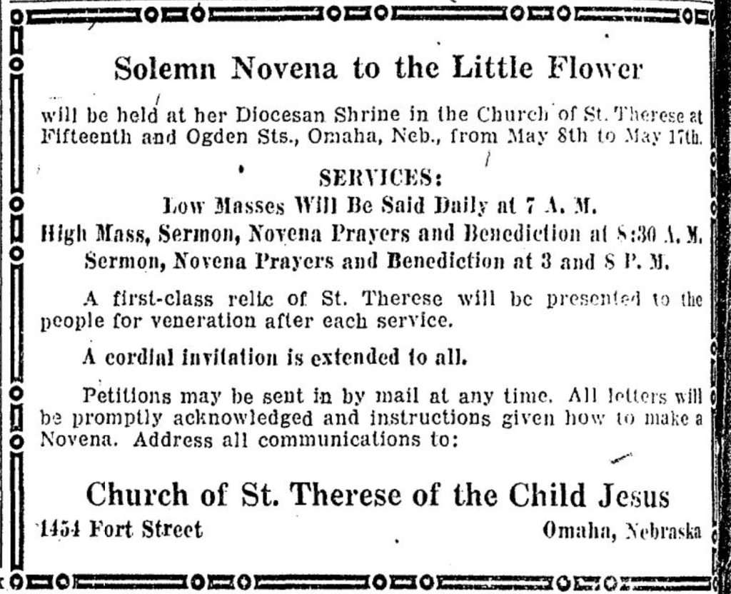 This is a 1931 announcement for the Solemn Novena to the Little Flower at her shring in the Church of St Therese at 1423 Ogden Avenue from 1927 to 2013.