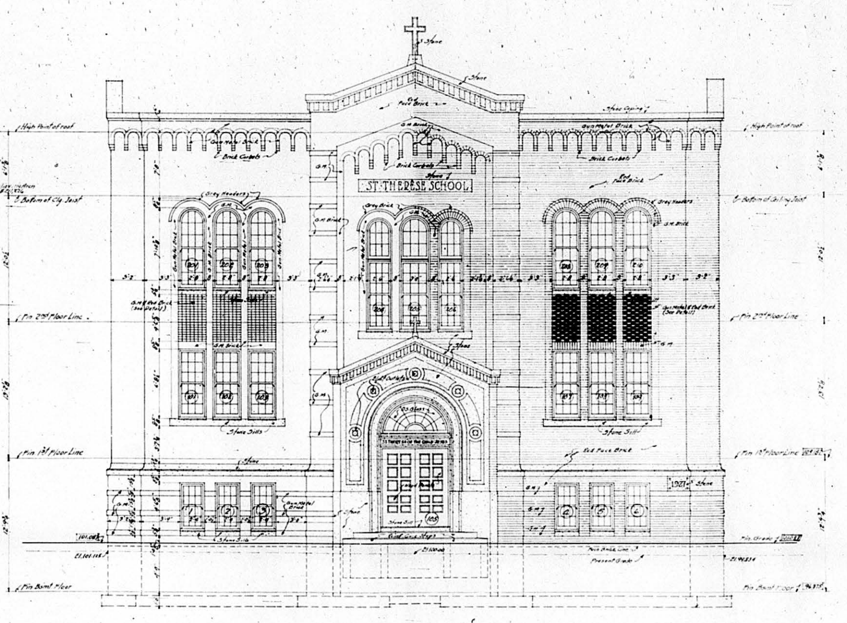 This is an original 1927 architectural drawing made by the firm Lahr & Strangel, showing St. Therese School at 1423 Ogden Street in east Omaha.