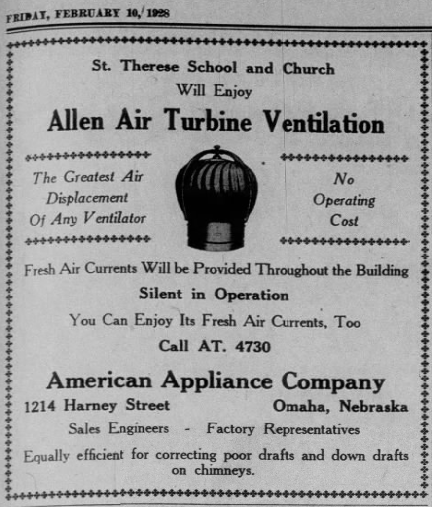 This was one of many ads showing support for the opening of the St. Therese School and Church in the February 10, 1928 edition of Our Sunday Visitor.